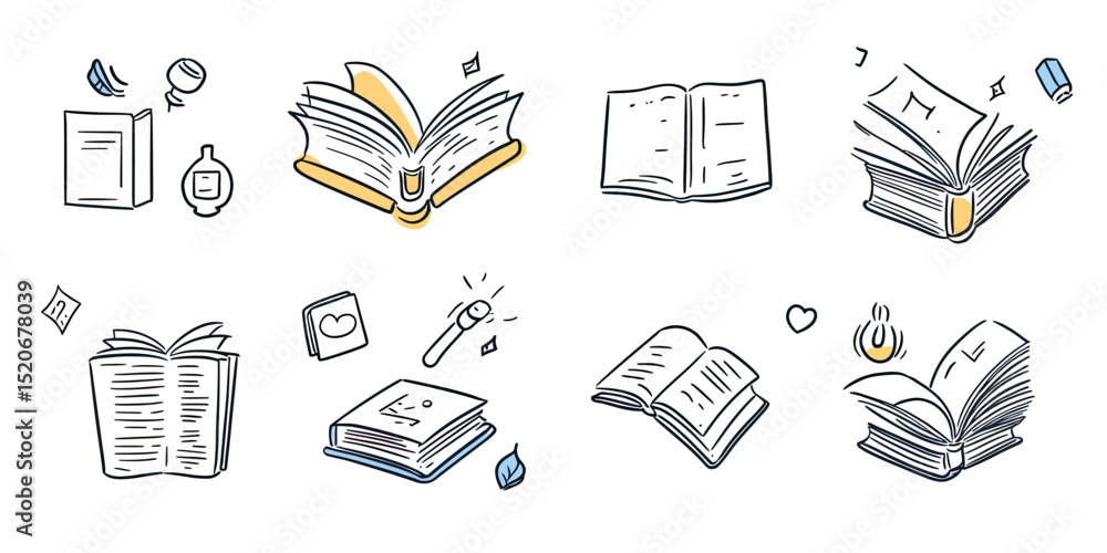 Poster hand drawn sketch style open books and closed notebooks line doodle icons set with reading education