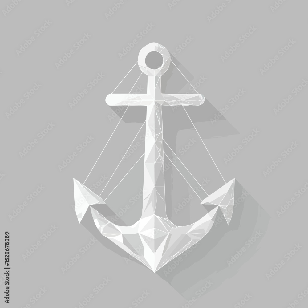 Poster white low poly anchor with geometric triangular facets and connecting wires on light gray background