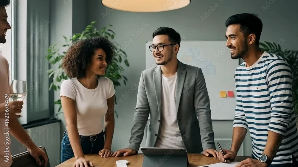 Aufkleber smiling diverse team collaborating at a table with documents and a tablet in a modern office