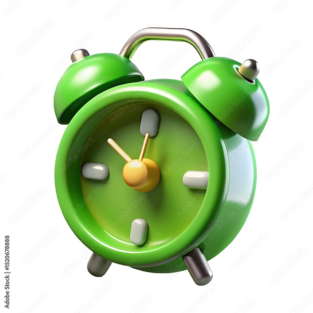 Poster vibrant green retro alarm clock in a 3d rendering isolated on a clean white background
