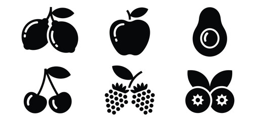 Six Simple Black Fruit Icons Apple Lemon Avocado Cherries