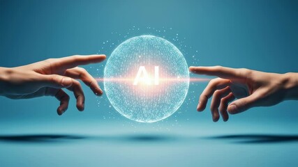 Hands touching digital AI sphere for artificial intelligence connection concept. Innovation data processing and networking footage. - Powered by Adobe