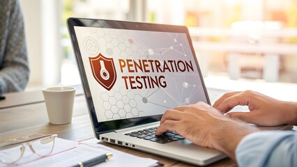 Penetration testing on a laptop with a shield icon