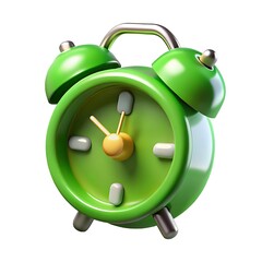 Vibrant green retro alarm clock in a 3d rendering isolated on a clean white background