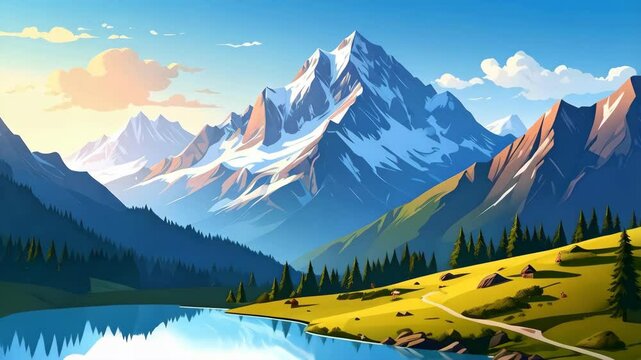 Scenic mountain landscape with snow-capped peaks, forested valley, and serene lake reflection on a clear day