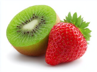 A vibrant image showcasing a half kiwi and a whole strawberry on a clean white background surface view