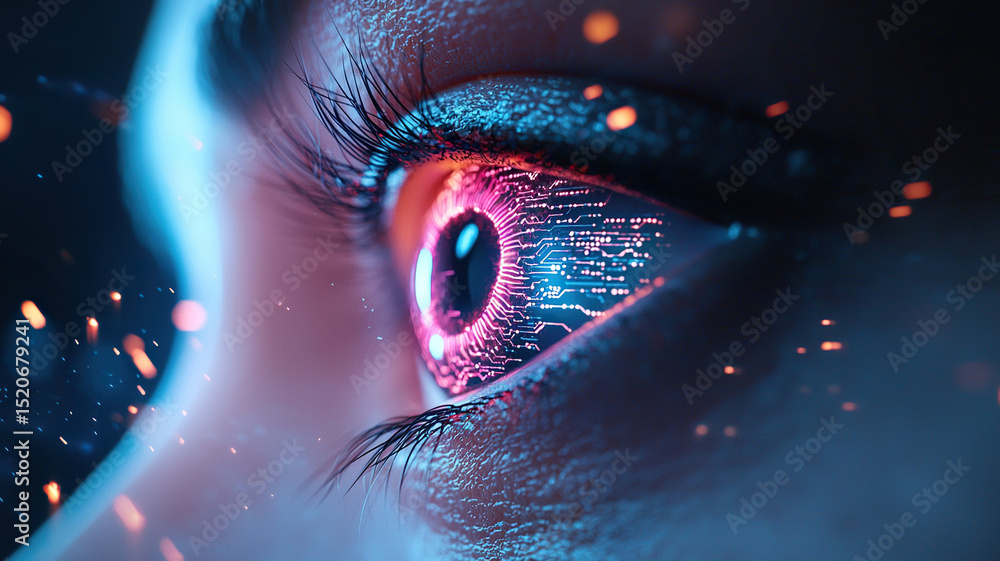 Poster close up of cybernetic eye with neon circuits pulsating, reflecting futuristic and technological the