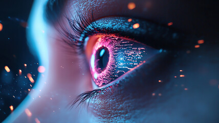Close up of cybernetic eye with neon circuits pulsating, reflecting futuristic and technological theme. vibrant colors and intricate details create sense of innovation and wonder