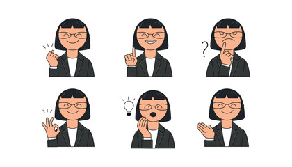 Businesswoman character with glasses in suit showing various emotions and gestures – idea, thinking, ok, clapping, smiling – vector illustration set