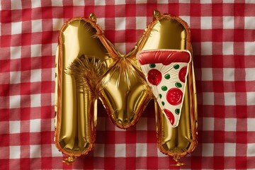 Shiny gold foil letter M balloon with a pizza slice sticker on a red checkered background, foodie humor