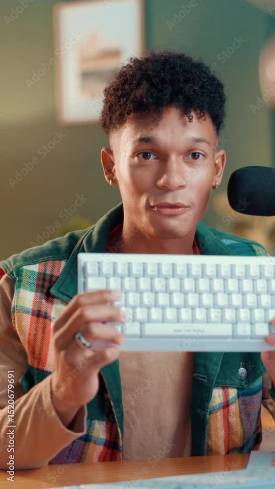 Poster keyboard, live streaming and influencer with man in studio for gaming pad, ergonomic and review prod