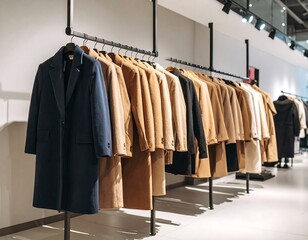 Stylish coats on display in a modern store