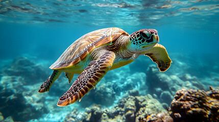 Obraz premium Sea turtle swimming in a vibrant underwater scene.