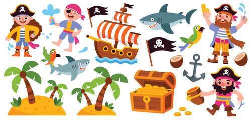 Cute Cartoon Pirate Characters and Treasure Set