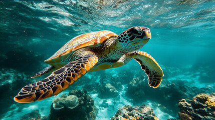 Fototapeta premium Beautiful sea turtle swimming in the clear ocean waters.