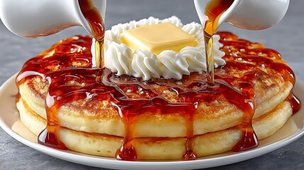 Delicious Stack of Golden Pancakes Topped with Cream, Butter, and Maple Syrup Drizzle