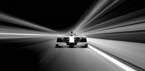 Fast Formula One Race Car Speed Blur Black White track style image racing motion sports energy      