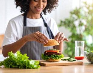 Woman assembling a burger