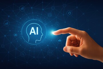 Futuristic AI interface with human finger interacting with virtual head-shaped icon, surrounded by glowing data nodes and network graphics, ideal for commercial use in tech and innovation