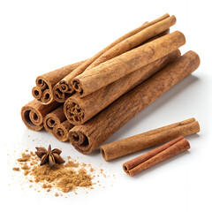 Cinnamon Sticks and Spices: A captivating close-up of cinnamon sticks and star anise, complemented by a sprinkling of cinnamon powder, showcasing the aromatic allure of the spices. 
