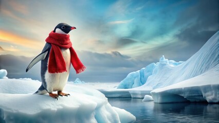 Tiny penguin wearing a red scarf and standing on the edge of a iceberg