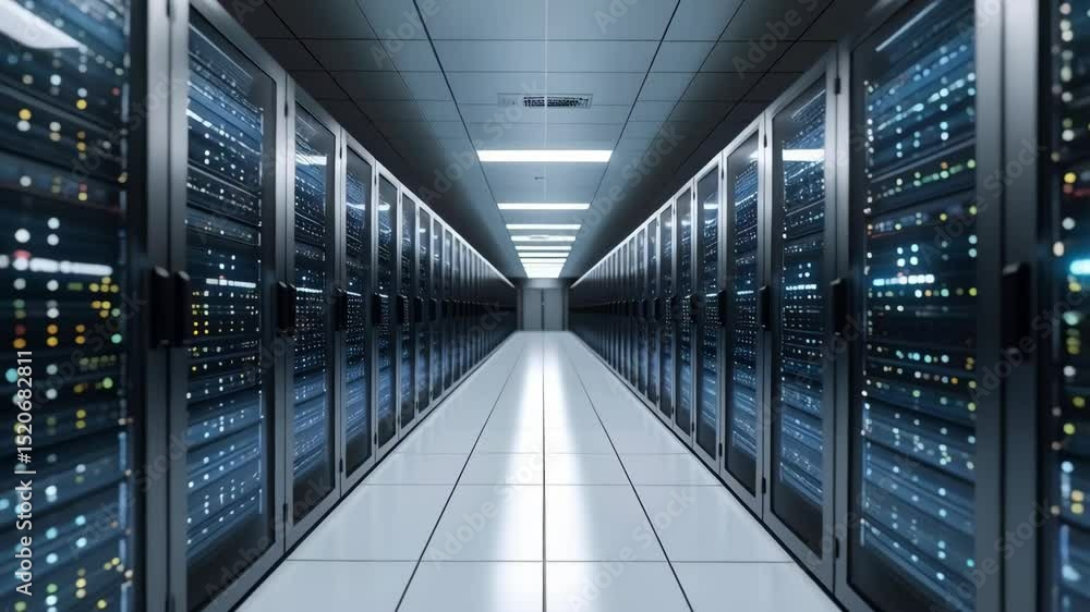 Poster servers filling a long server room in motion, showing rows of computers, hardware and blinking light