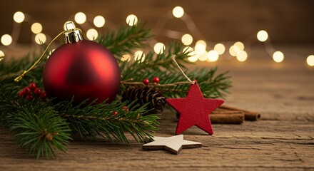 Christmas Ornament and Star on Wooden Surface with Lights