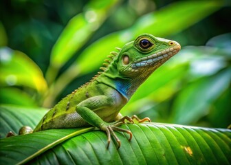 Fototapeta premium Dense rainforest foliage surrounding a Jubata green lizard basking on a large leaf