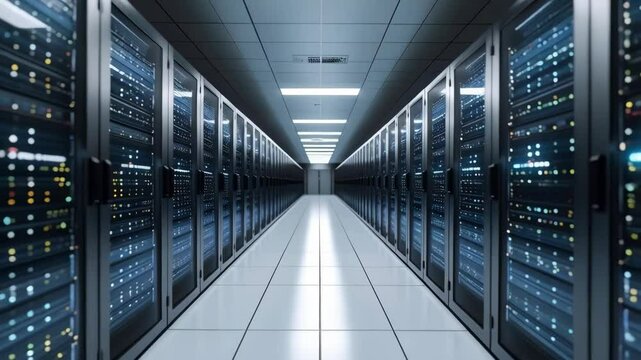 Servers filling a long server room in motion, showing rows of computers, hardware and blinking lights, digital data storage and processing