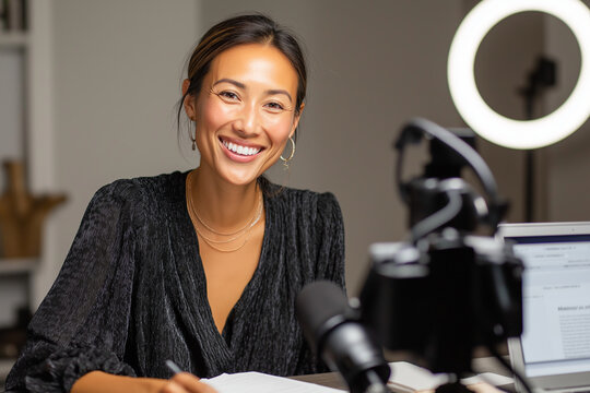 Asian-American woman hosting a webinar, smiling toward the webcam, script open on screen, professional microphone in view, soft ring light in background