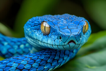 Fototapeta premium Detailed close-up of a vibrant blue venomous snake.
