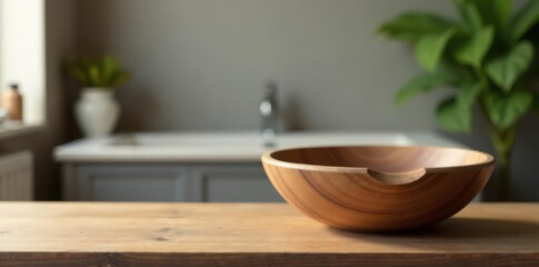 Rustic wooden bowl, blurred bathroom background, texture, still life