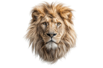 Obraz premium Close-up portrait of a majestic lion with intense eyes and a full mane, isolated on a transparent background