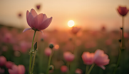 Pink flower in a field of flowers at sunset.