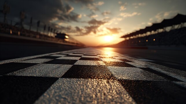 Sunset Race Track Finish Line Asphalt Texture Background car way sky road path goal fast flag dawn   - Powered by Adobe