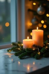 Scented candles, glowing fairy lights entwined on evergreen branch, marble tabletop , background, serenity, holiday
