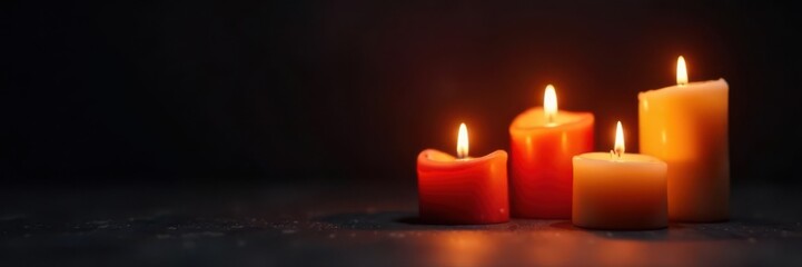 Several candles burn, casting warm light against inky black, home, burning, still life