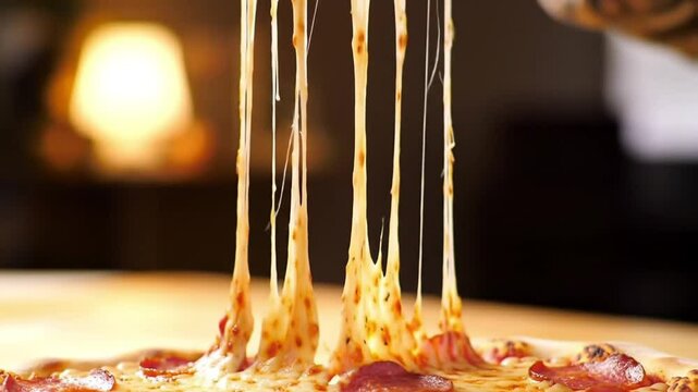 Hand picking up a slice of pizza with gooey cheese pull