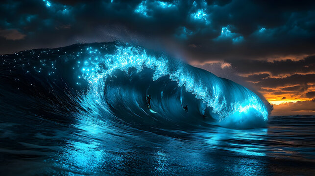 Bioluminescent wave at sunset.