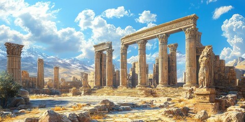 Ruined temple with towering carved columns and scattered statues in dry mountain valley under blue sky. Generative by AI.