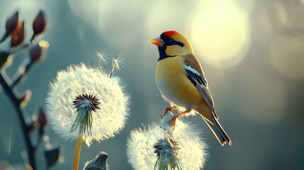Fototapeta premium Vibrant bird perched atop a fluffy dandelion.