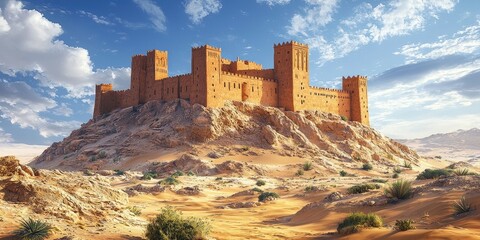 Massive stone fortress with high towers perched on rocky desert hill under partly cloudy sky. Generative by AI.