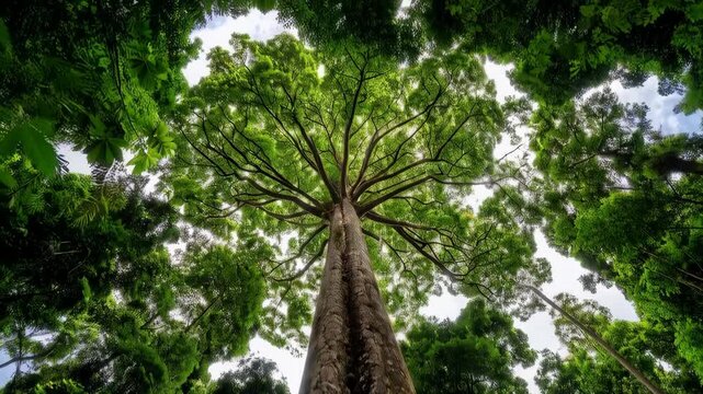 Low angle view of tall, broad tree with textured bark and spreading branches into a lush green canopy, natural environment
