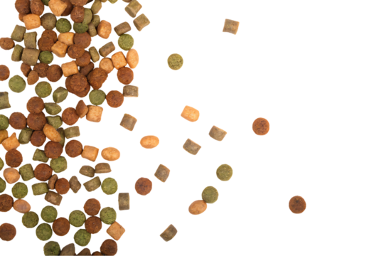 Dry Pet Food on Black Background Top View with Assorted Shapes and Colors for Advertising