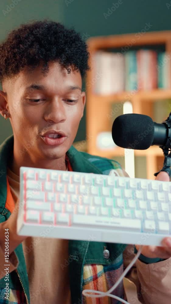 Aufkleber keyboard, influencer and review with man in studio for gaming pad, ergonomic and live streaming. pro