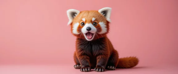  Red panda sitting with excited face and fluffy fur on pink background, cute stylized animal with wide open mouth, big eyes, and soft lighting in minimal cartoon studio scene © Chookeit