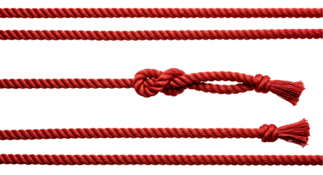 Various Red Rope Sections with Knots on Black Background for Nautical or Decorative Design