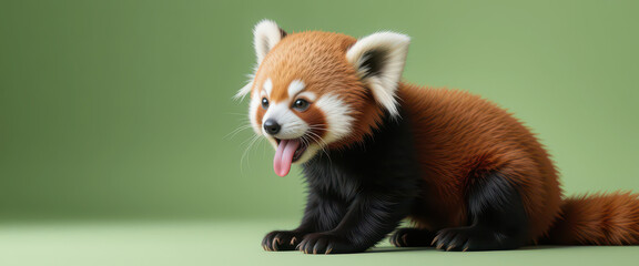 Obraz premium Red panda sitting with tongue out and realistic fur on green background, photorealistic animal portrait with calm posture, soft lighting and natural texture in studio view