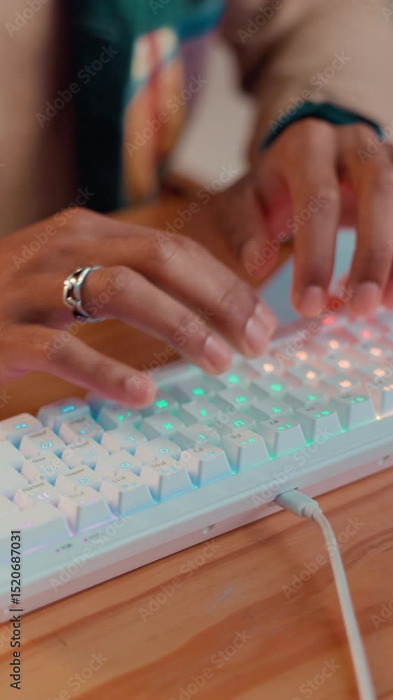 Aufkleber Typing, editor and research with hands of person for keyboard, content creation and file import. Creative project, social platform review and closeup of influencer in home studio for online update