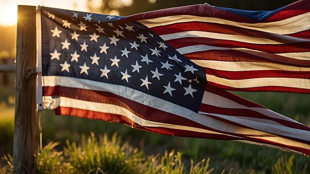 Patriotic flag glowing at dawn across rustic fence boards